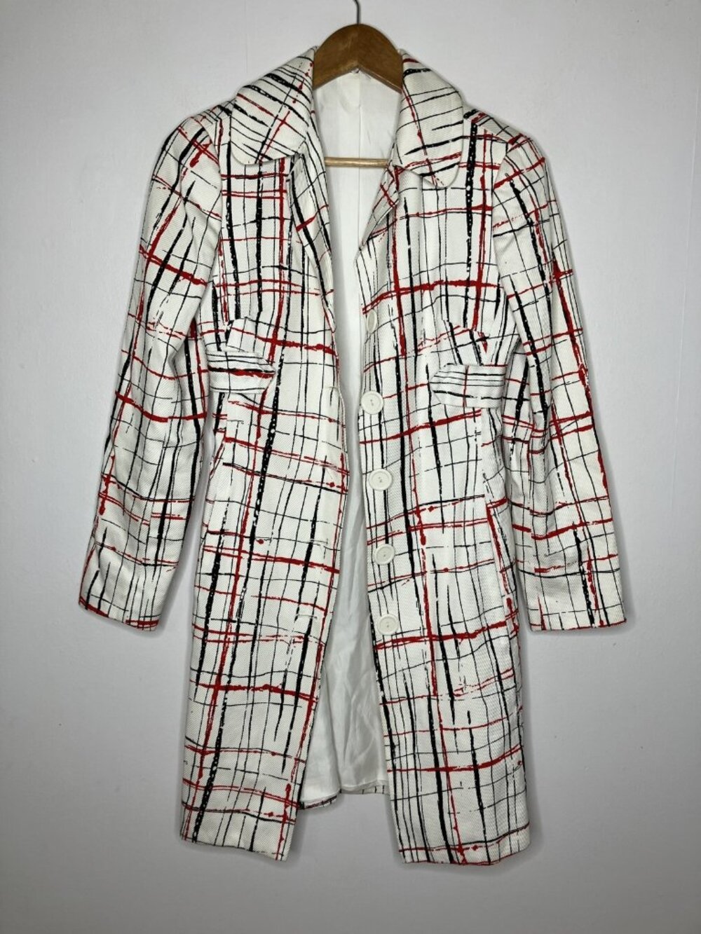 Trina Turk Women's Size 2 White Red Black Abstract Grid Plaid Coat Jacket READ